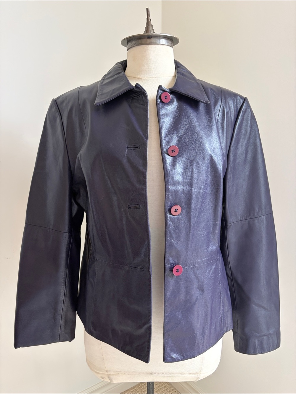 🇨🇦DANIER Vintage Deep Purple Leather Jacket Contrast Magenta Buttons SIZE 12